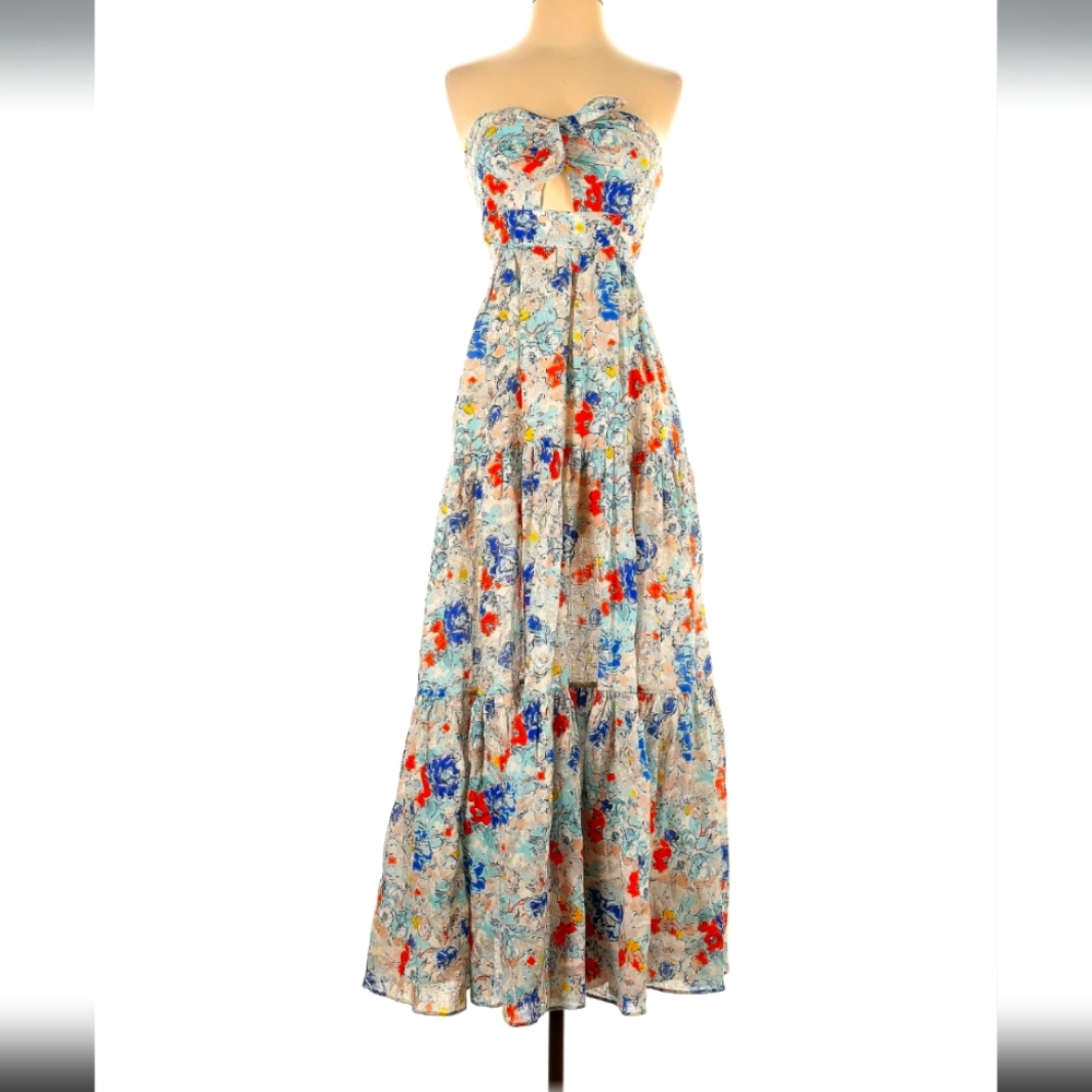 Zimmermann Clover Tie Front Midi Dress in Linen Topaz Peony US4 / 0